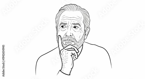 Stylized line drawing of an older man with a beard, deep in thought