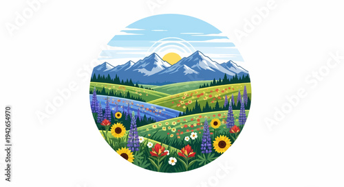 Pixelated mountain vista with rolling fields of colorful wildflowers