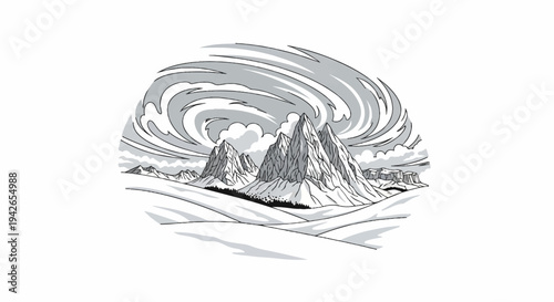 Stylized monochrome mountain range with swirling clouds and snow-covered foreground