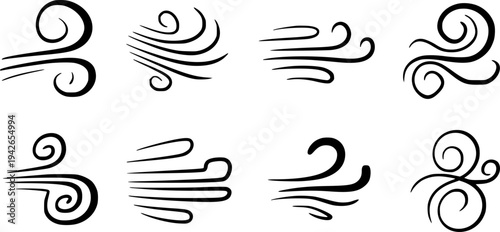 Collection of black stylized wind swirl white background representing air movement