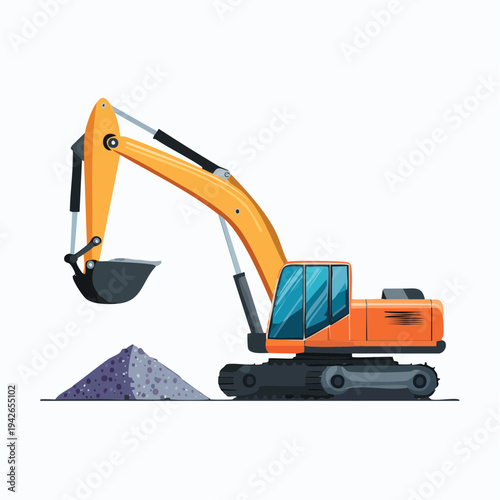 An excavator digs a pile of dirt at a construction site with heavy machinery.