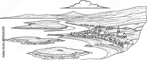 A scenic coastal village nestled beside a winding river under a cloudy sky