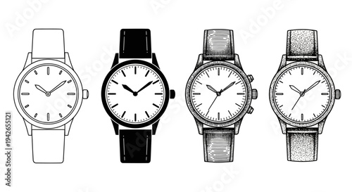 Elegant hand-drawn collection of classic wristwatches, showcasing various vintage-inspired timepieces and stylish fashion accessories with intricate details