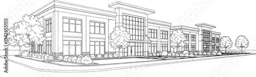 Stylized sketch of a modern, multi-level commercial building with landscaping