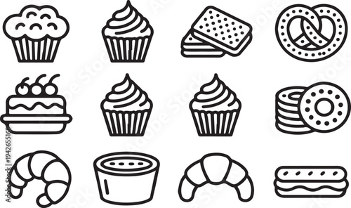 Black and white line drawing of various baked goods icons on white background