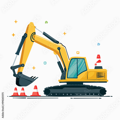 A yellow excavator is operating on a construction site with traffic cones.