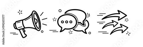 Communication symbols: megaphone, speech bubbles, arrows illustrating dialogue and direction