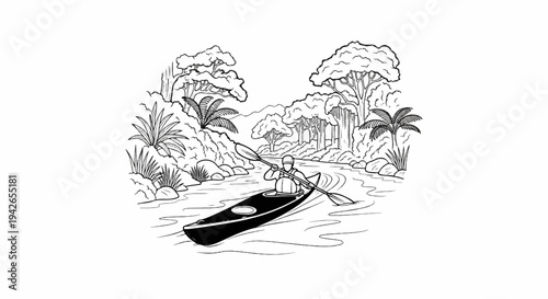 Person kayaking down a river through a lush, green jungle with trees