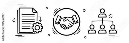 Business collaboration icons with document, handshake, and team structure