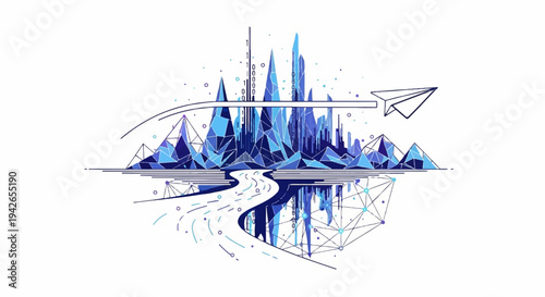 Abstract blue crystalline mountain range with river and paper airplane