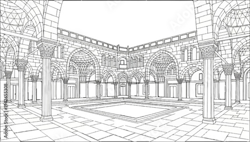 Intricate courtyard with stone arches, columns, and a central rectangular pool