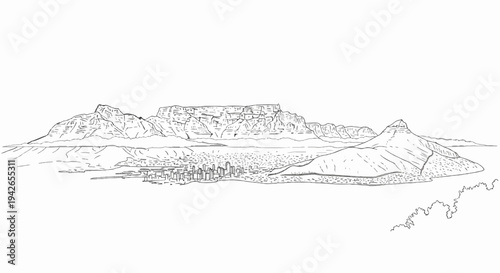Panoramic sketch of a city nestled between dramatic mountains and a vast ocean