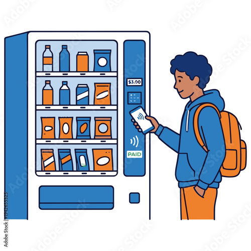 Person using mobile payment to buy snacks from vending machine outdoors