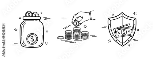 Financial growth: savings, investments, and protection illustrated icons