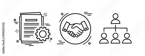 Business collaboration and management icons: documents, handshake, team structure