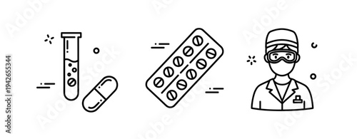 Laboratory tools and medication line art featuring scientist icon
