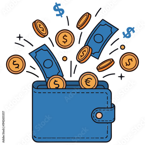 A blue wallet with money and coins exploding out of it