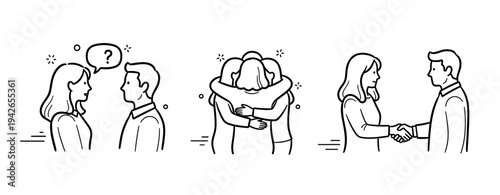 Cartoon interaction scenes: communication, hugging, and handshake among diverse adults