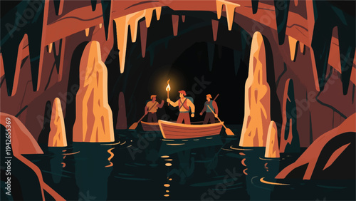 Illustration Of An Adventurer Navigating An Underground River In A Small Boat Vector Design Template