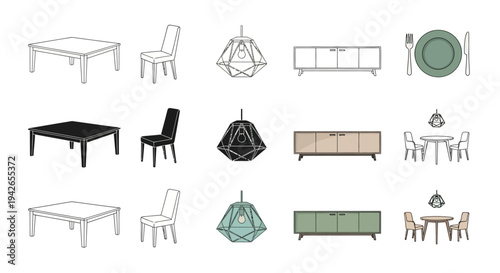 Modern interior design vector collection with dining tables, chairs, contemporary pendant lamps, and sideboards. Versatile illustrations for home decor styling