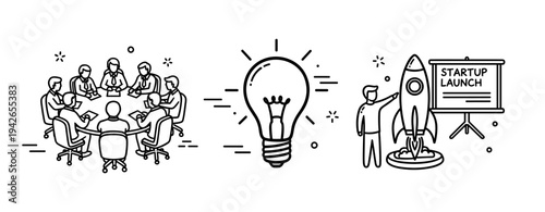 Business strategy planning and startup launch with team brainstorming and innovation