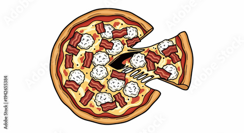 Delicious looking pizza with one slice removed, showing gooey cheese and crispy bacon