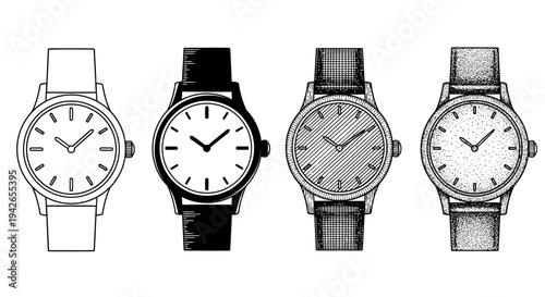 A collection of four diverse monochrome wristwatch designs, meticulously illustrated with varied textures and styles, representing timeless elegance and precision timekeeping