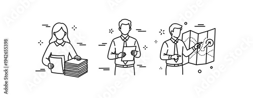 Line art office scenes with female and male adults working and planning