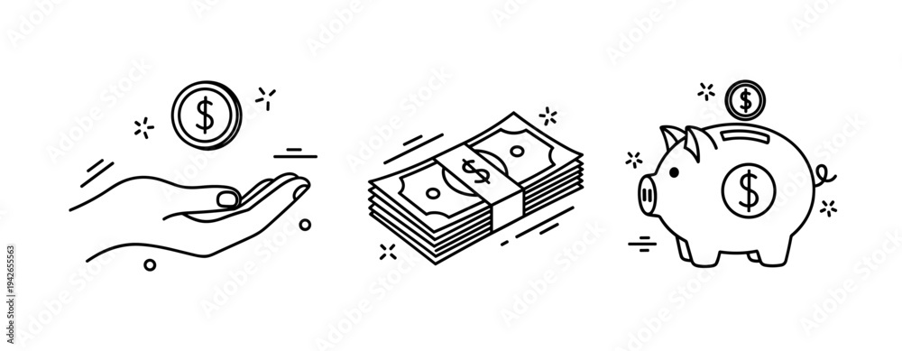 Fototapeta premium Minimalist black and white financial icons: hand, cash stack, piggy bank