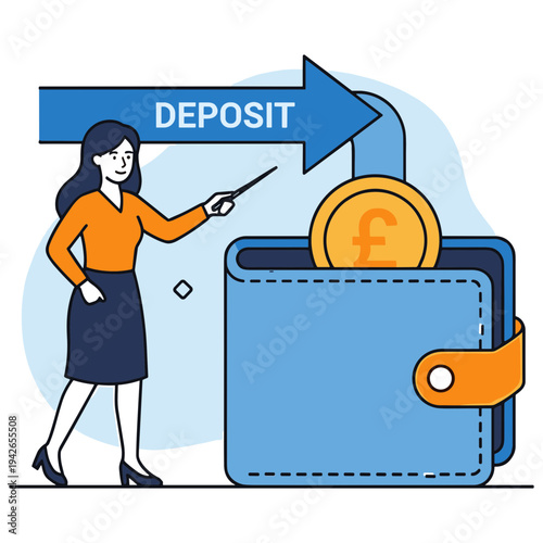 Woman pointing at a deposit arrow towards a wallet with a coin