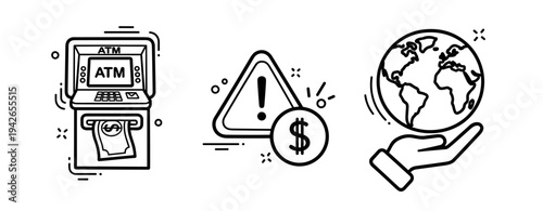 Atm cash withdrawal, financial alert symbol, global economy concept icons