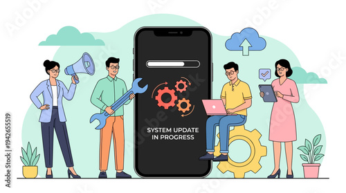 Software Update and System Maintenance Concept Illustration featuring a Professional Team Working on Mobile App Upgrade and Technical Support