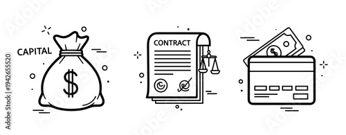 Business finance icons: capital bag, contract document, credit card with cash