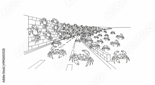 A surreal swarm of crabs invades a winding road and brick wall