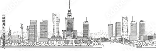 Stylized line drawing of a modern city skyline with historical elements