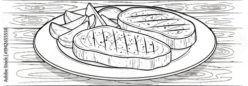 Two grilled steaks with potato wedges on a plate on a wooden table