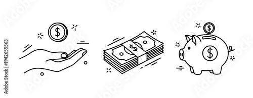 Minimalist black and white financial icons: hand, cash stack, piggy bank