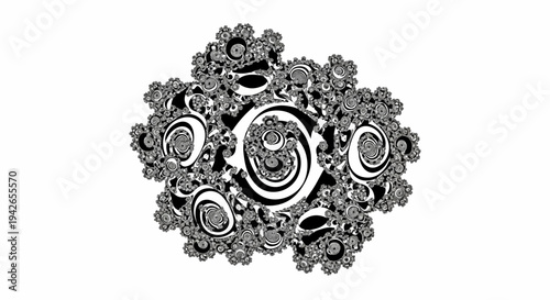 Intricate fractal pattern with spiraling, circular, and floral elements in monochrome