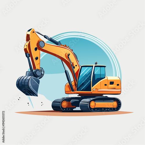 A large orange excavator digs into the ground on a construction site with its bucket.