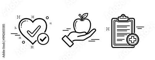 Health icons: heart with checkmark, hand holding apple, medical clipboard