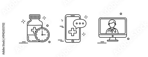 Healthcare technology icons: online consultation, medicine reminder, telemedicine