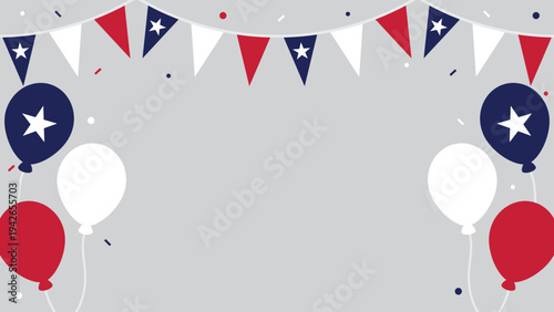 Cheerful Texas celebration background illustration with the Texas flag party bunting, balloons and confetti. Flat design illustration.