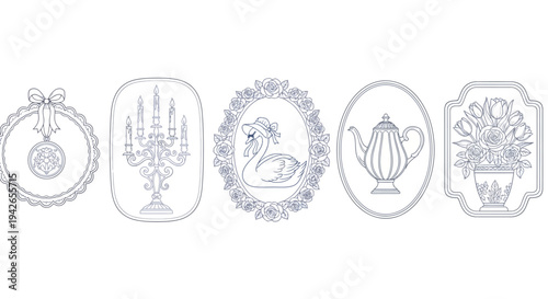 Ornate vector line art collection showcasing classic decorative frames, antique candelabra, elegant swan, vintage teapot, and beautiful floral vase illustrations