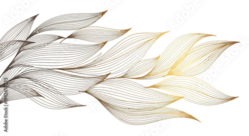 Elegant abstract artwork featuring a delicate branch with flowing lines transitioning from dark brown to golden yellow hues on a white background