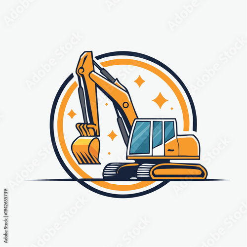 An excavator machine is operating in a construction site with a circular design.