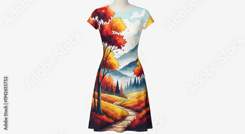 Dress featuring a vibrant, painterly autumn landscape with rolling hills and trees