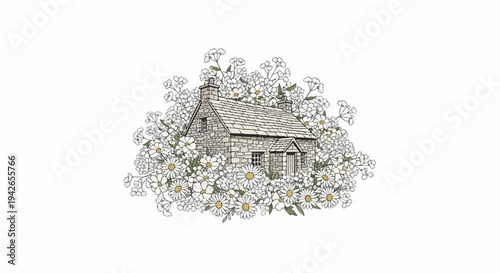 Stone cottage nestled amongst a profusion of delicate white and yellow wildflowers