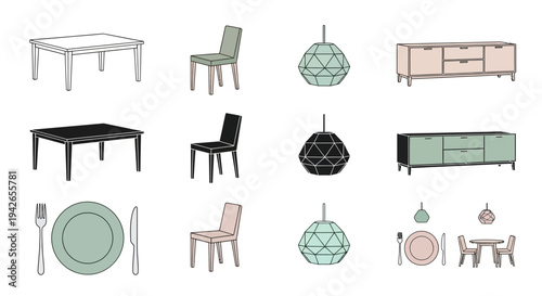 Collection of contemporary furniture and dining room decor items, including tables, chairs, cabinets, and lighting fixtures, presented in a clean illustration style