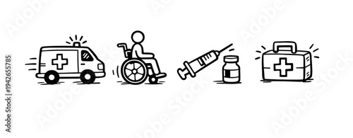 Medical emergency icons: ambulance, wheelchair, syringe, medicine, first aid kit