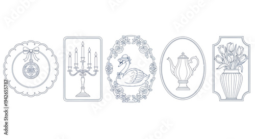Delicate and elegant line art illustrations, capturing classic decorative motifs with a refined vintage aesthetic, showcasing intricate details and timeless appeal